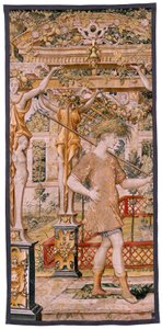 Tapiz flamenco. Serie Vertumnus y Pomona. No II Vertumnus transformado en agricultor (Vertumno y Pomona II Vertumno transformado en agricultor) no1 parte izquierda. Modelos Círculo de Pieter Coecke Van Aelst y Léonard Thiry. Atelier desconocido, Bruselas.  de Flemish School