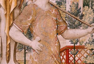 Tapiz flamenco. Serie Vertumnus y Pomona. No II Vertumnus transformado en agricultor (Vertumno y Pomona II Vertumno transformado en agricultor) no1 parte izquierda. Modelos Círculo de Pieter Coecke Van Aelst y Léonard Thiry. Atelier desconocido, Bruselas. 