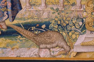 Tapiz flamenco. Serie Vertumnus y Pomona: Vertumnus transformado en granjero (Vertumnus como granjero, Vertumno transformado y agricultor). Estudio Willem de Pannemaker. hacia 1545-1550. Detalle.