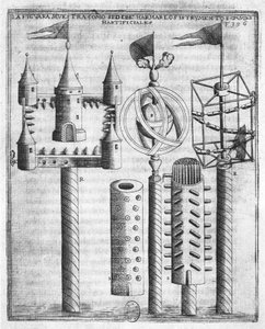 Cómo lanzar fuegos artificiales, ilustración de Tratado de Artillería de Diego Ufano, Bruselas, 1613 de Flemish School