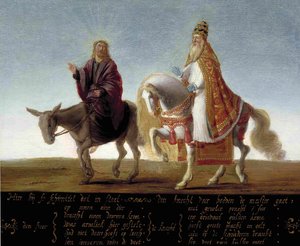 "" Jesús representado en un burro junto al Papa ricamente vestido en un caballo "" Caricatura luterana contra el Papa - Pintura anónima