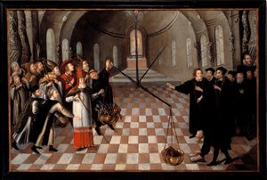 La pesée des religions, caricatura luterana contra la religión católica, representada a la izquierda, opulenta poniendo en la balanza sus riquezas, pero vencida por la fe protestante a la derecha cuya sola biblia pesa más de Flemish School