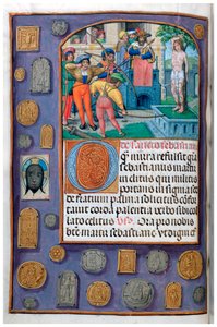 MS 4, vol. 127, f.112v, Martirio de San Sebastián con borde de trampantojo de insignias de peregrino y verónica, de un Libro de Horas, Flandes, principios del siglo XVI de Flemish School