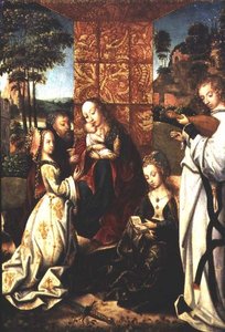 Madonna y el Niño con Santa Catalina, un ángel y otras figuras de Flemish School