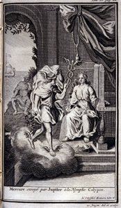 Mercurio enviado por Júpiter a la ninfa Calipso. Ilustración para el libro V de la Odisea de Homero, en la Odisea, publicada en Ámsterdam en 1731, Colección privada Milán