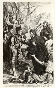 Michael Rogerius (1543-1607) y Matthaeus Riccius (1552-1610) llegando a la costa de China, ilustración de una historia de la Iglesia por P. Cornelius Hazart, publicado en Amberes, 1668 de Flemish School