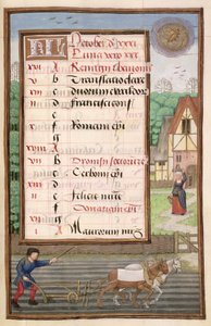 Ms 1058-1975 f10r Arando con Dos Caballos, página de calendario iluminada para octubre, de un Libro de Horas, c.1500 de Flemish School