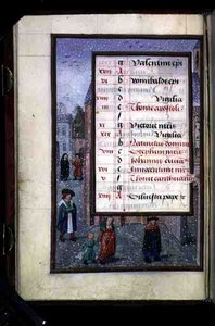 Ms 1058-1975 f12v Nieve en una Calle, página de calendario iluminada para diciembre, de un Libro de Horas, c.1500