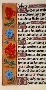 Ms. 1058-1975, f.16r: detalle de un borde floral de un Libro de Horas, c.1500 de Flemish School