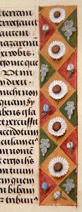 Ms. 1058-1975, f.16r: detalle de un borde floral de un Libro de Horas, c.1500