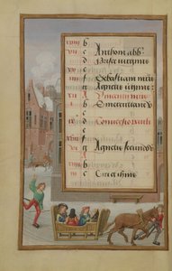 Ms 1058-1975 f1v Escena Callejera en la Nieve, página de calendario iluminada para enero, de un Libro de Horas, c.1500 de Flemish School