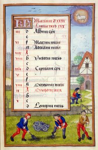 Ms 1058-1975 f3r Cavando y Plantando Árboles, página de calendario iluminada para marzo, de un Libro de Horas, c.1500