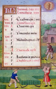 Ms 1058-1975 f6r Cortando hierba, página de calendario iluminada para junio, de un Libro de Horas, c.1500 (pergamino)