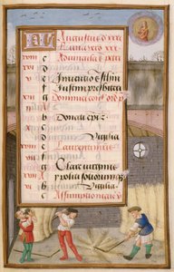 Ms 1058-1975 f8r Trillando Maíz en el Granero, página de calendario iluminada para agosto, de un Libro de Horas, c.1500 de Flemish School