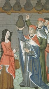 Mujer con cesta trayendo urinalis magnus, de De Medina Fen I. II, de Avicena (980-1037) de Flemish School