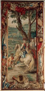 Palacio (Schlossanlage Schleissheim). Tapiz flamenco. Estudio bruselense Judocus De Vos. Diseño Lambert De Hondt. Maximilian II Emanuel (Maximilian Emmanuel y dos soldados de infantería). 400x175cm. Lana y seda. Ca 1715 - 1724.