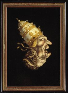 ""Papa-diablo"" (Papa Diablo) Caricatura luterana contra el papa que representa el perfil del papa anidado en el del diablo - Pintura anónima, alrededor de 1600 (holandés) Museo Catharijneconvent, Utrecht Países Bajos de Flemish School