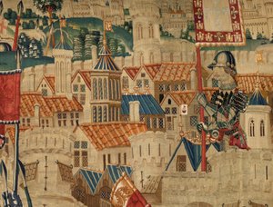 Parish museum of tapestries (Museo Parroquial de Tapices de Pastrana). Flemish tapestry. Conquest of Tanger (Toma de Tánger, De inname van Tanger). Series Conquests of king Alfonso I of Portugal (Conquistas de Alfonso V de Portugal). Tournai. Wool and silk de Flemish School