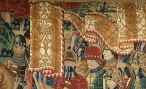 Parish museum of tapestries (Museo Parroquial de Tapices de Pastrana). Flemish tapestry. Conquest of Tanger (Toma de Tánger, De inname van Tanger). Series Conquests of king Alfonso I of Portugal (Conquistas de Alfonso V de Portugal). Tournai. Wool and silk