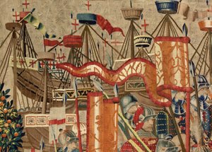 Parish museum of tapestries (Museo Parroquial de Tapices de Pastrana). Flemish tapestry. Take of Arcila (Toma de Arcila, Asalto de Arcila, De inname van Arzila). Series Conquests of king Alfonso I of Portugal (Conquistas de Alfonso V de Portugal). Tournai. de Flemish School