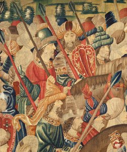 Parish museum of tapestries (Museo Parroquial de Tapices de Pastrana). Flemish tapestry. Conquest of Tanger (Toma de Tánger, De inname van Tanger). Series Conquests of king Alfonso I of Portugal (Conquistas de Alfonso V de Portugal). Tournai. Detail. Wool de Flemish School