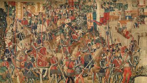 Parish museum of tapestries (Museo Parroquial de Tapices de Pastrana). Flemish tapestry. Conquest of Tanger (Toma de Tánger, De inname van Tanger). Series Conquests of king Alfonso I of Portugal (Conquistas de Alfonso V de Portugal). Tournai. Wool and silk