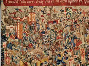 Parish museum of tapestries (Museo Parroquial de Tapices de Pastrana). Flemish tapestry. Take of Arcila (Toma de Arcila, Asalto de Arcila, De inname van Arzila). Series Conquests of king Alfonso I of Portugal (Conquistas de Alfonso V de Portugal). Tournai.
