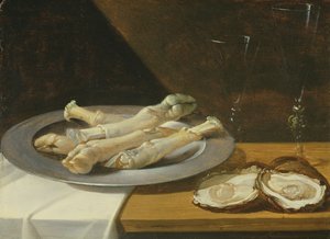 Manitas de cerdo en un plato de peltre con ostras y copas de vino en una mesa con mantel, c.1630 de Flemish School