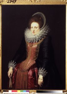 ""Portrait of a lady with a fan" (Retrato de una dama con abanico) dama de riqueza, con gorguera y vestido bordado. Pintura de la escuela flamenca hacia 1610. Museo Pushkin, Moscú de Flemish School