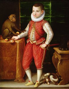 Retrato de un joven noble con un mono y un perro, c.1615