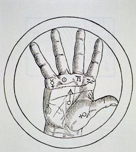 Posición de los planetas en la mano derecha, copia de una ilustración de De Occulta Philosophia Libri III, por Henricus Cornelius Agrippa, Amberes 1533, usado en una Historia de la Magia, publicado a finales del siglo XIX de Flemish School