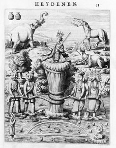 Samudramathana, con la participación de Deva (Surya, Shiva, Vishnu, Brahma) con demonios y monturas. Según Baldaeus Philippus Afgoderye der oost-indische Heydenen. Ámsterdam 1672