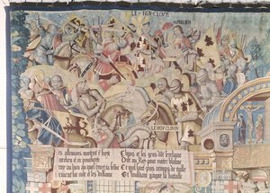 Escenas de la vida de San Remigio (d.553) detalle de Clodoveo I (465-511) en la Batalla de Tolbiac contra los alamanes en 496 d.C. de Flemish School