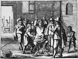 Hechicero al que se tortura con el collar - grabado de 1725 en 