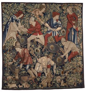 Tapiz que representa a campesinos cazando conejos con hurones, Tournai, c.1450-75 (lana) de Flemish School