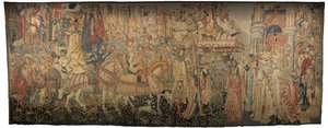 Tapiz que muestra las conquistas del rey Alfonso V de Portugal (Conquistas de Alfonso V de Portugal), Tournai. (Detalle) de Flemish School