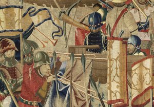 Tapiz que muestra las conquistas del rey Alfonso V de Portugal (Conquistas de Alfonso V de Portugal), Tournai. (Detalle) de Flemish School