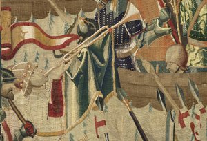 Tapiz que muestra las conquistas del rey Alfonso V de Portugal (Conquistas de Alfonso V de Portugal), Tournai. (Detalle) de Flemish School