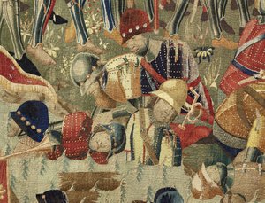 Tapiz que muestra las conquistas del rey Alfonso V de Portugal (Conquistas de Alfonso V de Portugal), Tournai. (Detalle) de Flemish School