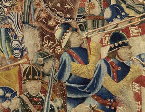 Tapiz que muestra las conquistas del rey Alfonso V de Portugal (Conquistas de Alfonso V de Portugal), Tournai. (Detalle)