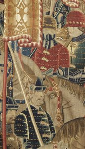 Tapiz que muestra las conquistas del rey Alfonso V de Portugal (Conquistas de Alfonso V de Portugal), Tournai. (Detalle) de Flemish School