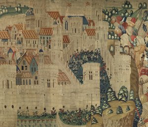 Tapiz que muestra las conquistas del rey Alfonso V de Portugal, Tournai. (detalle)