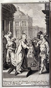Telémaco llega a la casa de Eumeo, reconoce a su padre con la ayuda de Minerva, quien aparece en Ulises bajo la figura de una hermosa mujer. Ilustración para el libro XVI de la Odisea de Homero, en la Odisea, publicada en Ámsterdam en 1731, Colección priva de Flemish School