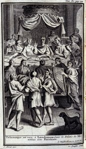 Telémaco es recibido en Lacedemonia en el palacio de Menelao con Pisístrato. Ilustración para el libro IV de la Odisea de Homero, en la Odisea, publicada en Ámsterdam en 1731, Milán