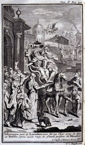 Telémaco deja Lacedemonia en un carro con el hijo de Néstor después de recibir grandes regalos de Menelao. Ilustración para el libro XV de la Odisea de Homero, en la Odisea, publicada en Ámsterdam en 1731, Colección privada Milán