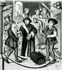 El obispo de Tournai recibiendo el diezmo de la cerveza concedido por el rey Chilperico, después de una ventana de la Catedral de Tournai