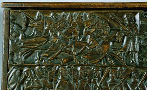 El cofre de Courtrai que representa dos escenas de la Batalla de las Espuelas de Oro luchada en Courtrai en 1302 (detalle)