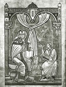 El éxtasis de San Gregorio (c.540-604) vislumbrado por el diácono Pedro a través de una cortina perforada por su estilete de Flemish School