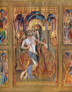 Trono de la Misericordia, Padrino sosteniendo al hijo sobre sus rodillasAltar antependium de las vestiduras de misa borgoñonas ... (bordados sobre lino, hilos de oro y plata, seda, terciopelo, perlas, cristal) de Flemish School