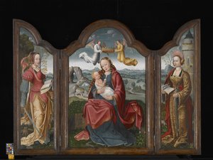 Tríptico con la Virgen y el Niño, Santa Bárbara y Santa Catalina (óleo sobre madera) de Flemish School